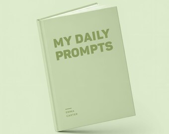 Può includere: Un libro con copertina rigida color verde chiaro che riporta il titolo MY DAILY PROMPTS in grassetto verde scuro sulla copertina. Sotto il titolo, il nome EMMA CARTER è stampato in caratteri più piccoli con una linea orizzontale.