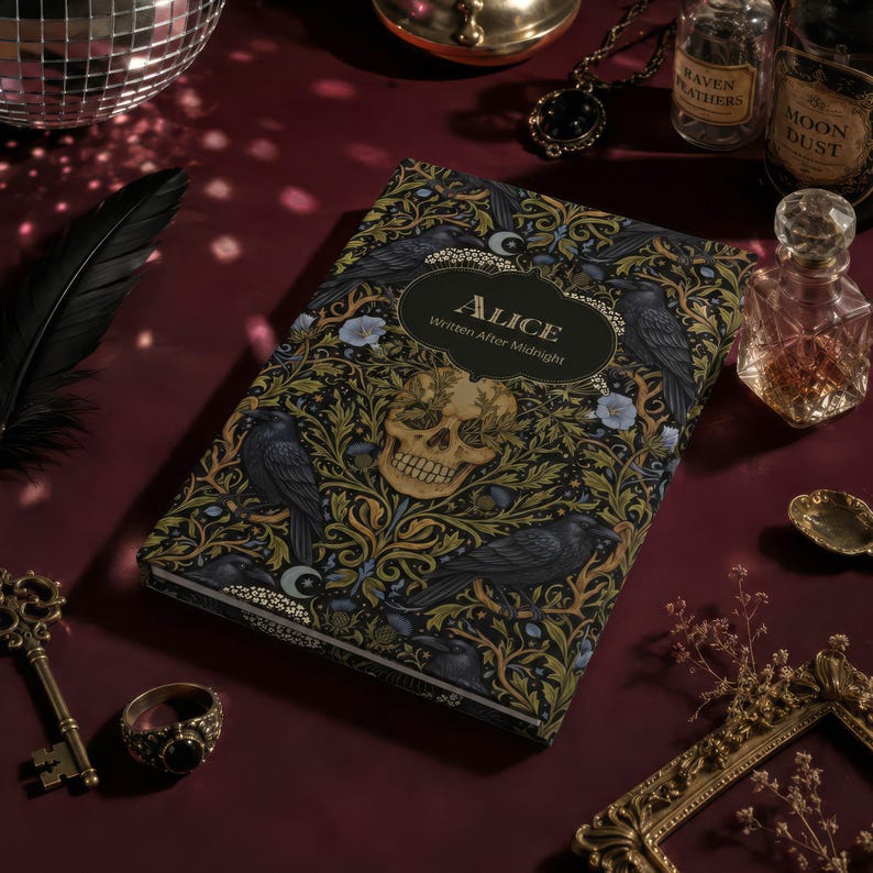 Pu&ograve; includere: Un libro con copertina rigida rettangolare intitolato Alice Written After Midnight, caratterizzato da un motivo botanico scuro con corvi neri, fiori blu e un'illustrazione centrale di un teschio umano su sfondo nero con accenti oro e verdi.