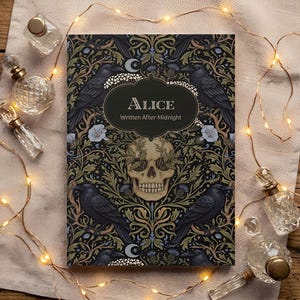 Pu&ograve; includere: Una copertina di libro rettangolare con un motivo scuro e intricato di corvi neri, un teschio umano centrale ed elementi botanici. Il testo "ALICE Written After Midnight" &egrave; stampato in un ovale nero centrale.