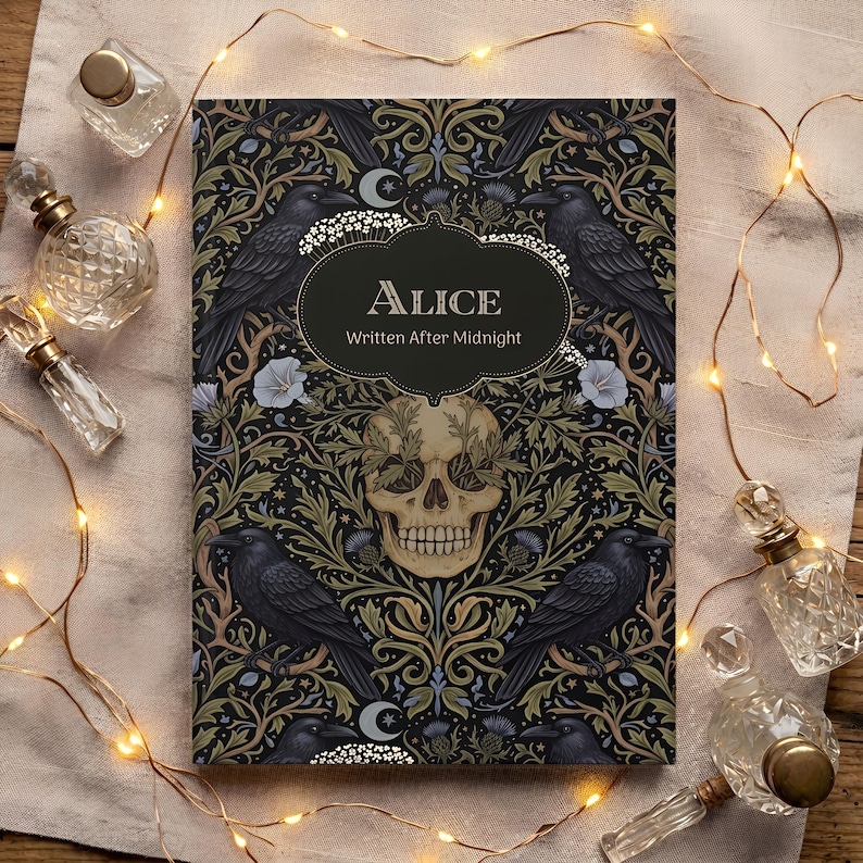 Pu&ograve; includere: Una copertina di libro rettangolare con un motivo scuro e intricato di corvi neri, un teschio umano centrale ed elementi botanici. Il testo "ALICE Written After Midnight" &egrave; stampato in un ovale nero centrale.