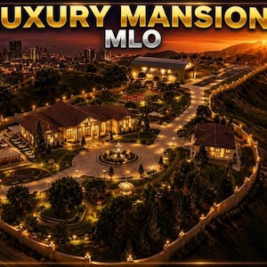 May include: An aerial view of a large estate at sunset featuring the text LUXURY MANSION MLO. The property includes a main house, a swimming pool, a fountain, landscaped gardens, and a helicopter flying above the illuminated grounds at night.