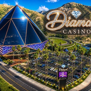 May include: An aerial view of the Diamond Casino, a large pyramid-shaped building with dark glass panels and a purple illuminated base. The complex includes a parking lot with palm trees, a road, and a sign that reads Diamond Casino Los Santos.