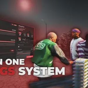 May include: A digital interface displaying a plant growth system with water and fertilizer levels, alongside three characters interacting with a stack of small packages. The text ALL IN ONE DRUGS SYSTEM is prominently displayed in the foreground.