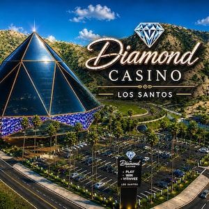 Può includere: Un grande edificio scuro a forma di piramide geometrica con una base a motivi blu, circondato da palme e un parcheggio. Il testo Diamond Casino Los Santos è visualizzato in modo prominente nel cielo sopra la struttura con un'icona a diamante.