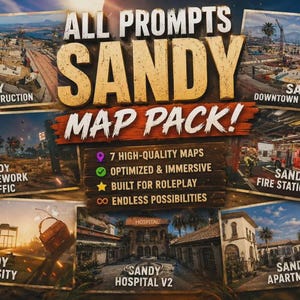 Könnte beinhalten: Eine digitale Werbegrafik für das Sandy Map Pack mit sieben verschiedenen Spielkarten-Vorschauen, darunter Baustellen, Straßen, eine Feuerwache, eine Universität, ein Krankenhaus und Wohnungen mit Textüberlagerungen zu Funktionen.