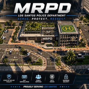 Op de afbeelding: Een luchtfoto van het gebouw van de Los Santos Police Department, met een helikopterplatform op het dak met een H-symbool, parkeerplaatsen met politievoertuigen en omliggende wegen. De tekst bevat MRPD, LOS SANTOS POLICE DEPARTMENT, SERVE. PROTECT. RESPECT. en diverse iconen.
