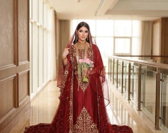 Luksusowa czerwona suknia ślubna typu kaftan | Ręcznie robiony marokański kaftan | Muzułmańska suknia ślubna | Arabska suknia ślubna | Komplet ślubny haute couture