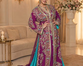 Luxe Marokkaanse Takchita-bruidskaftan | Magenta en turquoise trouwjurk | Handgeborduurde kaftan | Arabische bruidsjurk