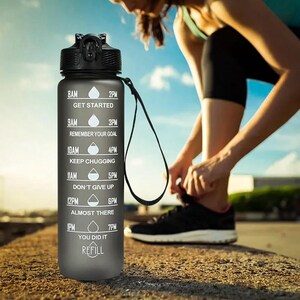 32oz Black & Gray Motivational Water Bottle with Time Marker, Straw Lid, Storage Sleeve