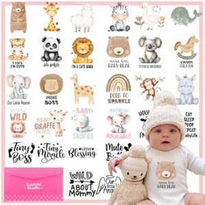 May include: A collection of watercolour animal illustrations including a bear, giraffe, llama, zebra, whale, tiger, panda, lion, koala, horse, elephant, and monkey, alongside text phrases like Tiny Boss, Born Wild, and a baby wearing a bear onesie.