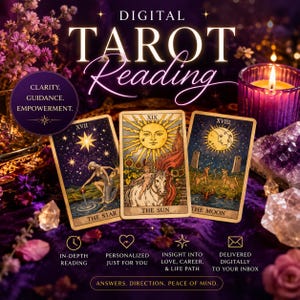 Può includere: Una pubblicità per un servizio di lettura dei tarocchi digitale con tre carte chiamate The Star, The Sun e The Moon. Il testo recita Digital Tarot Reading, Clarity, Guidance, Empowerment, In-depth reading, Personalized just for you, Insight into love, career, & life path, Delivered digitally to your inbox, e Answers, direction, peace of mind.