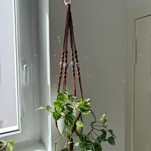 Könnte beinhalten: Ein brauner Makramee-Pflanzenhänger mit geknoteter Kordelkonstruktion, einem runden Holzring an der Oberseite und kleinen reflektierenden silbernen Discokugel-Perlen im Design, der einen weißen Topf mit einer panaschierten grün-weißen Pflanze hält.