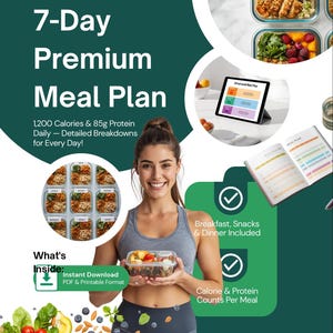 Puede incluir: Una guía digital de plan de comidas premium de 7 días con 1,200 calorías y 85 g de proteína diarios. El gráfico incluye imágenes de recipientes con comida, una tableta con un plan estructurado y un cuaderno de planificación abierto.