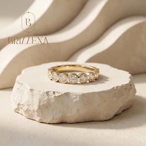 Round cut Moissanite Diamond Anniversary Band, Stackable Bezel set Wedding Band Featuring Round Moissanite diamond,Wedding Ring/Bridal ring.