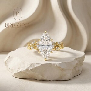Marquise Moissanite diamond Engagement ring,3Ct Nature Inspired Marquise Solitaire wedding bridal ring in 14k Yellow Gold,Unique Ring gift.