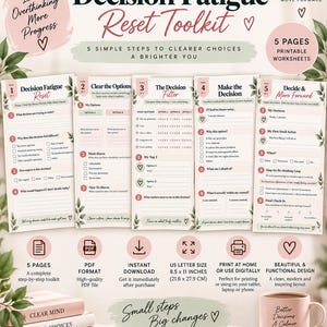 May include: A Decision Fatigue Reset Toolkit printable worksheet set featuring five pages with steps for clearer choices. Includes a pink mug with text, a gold pen, and a notebook. Text includes 'Less Overthinking More Progress' and 'US Letter Size 21.6 x 27.9 cm'.