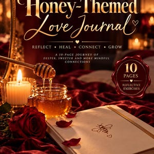 May include: A white journal with a gold bee icon, featuring the text Honey-Themed Love Journal, Reflect, Heal, Connect, Grow, and A 10-Page Journey of Deeper, Sweeter and More Mindful Connections. Includes a honey jar, dipper, candle, and red rose.
