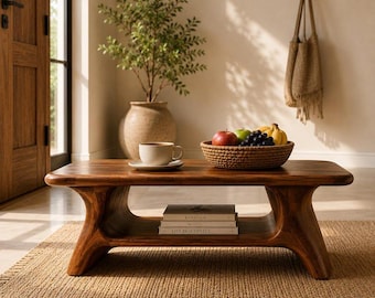 Handcrafted Solid Wood Coffee Table with Open Shelf | Modern Walnut Living Room Table