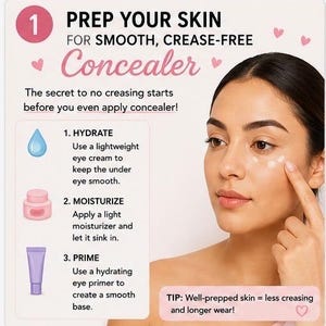 May include: An instructional graphic titled 1 PREP YOUR SKIN FOR SMOOTH, CREASE-FREE Concealer. It lists three steps: 1. HYDRATE with eye cream, 2. MOISTURIZE with lotion, and 3. PRIME with eye primer. A person applies small dots of concealer under their eye.