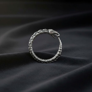 Könnte beinhalten: Ein silberfarbener Ring in Form einer zusammengerollten Schlange, die in ihren eigenen Schwanz beißt. Die Metalloberfläche weist durchgehend detaillierte, texturierte Schuppen auf, wobei der Schlangenkopf an einem Ende und der Schwanz am anderen Ende deutlich ausgeprägt sind.
