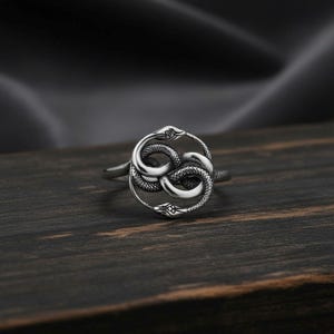 May include: A silver-toned ring featuring a circular design formed by two intertwined snakes. The metal has an oxidised finish that highlights the detailed scale texture on the bodies of the snakes, which meet head to tail in a continuous loop.