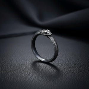 May include: A dark grey metal ring shaped like a coiled snake with a textured, scale-like surface. The snake head features a small, dark, circular eye detail. The band is continuous, forming a complete circle with the snake biting its own tail.