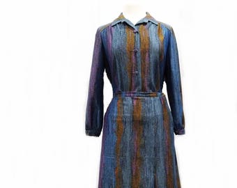 Vintage 70s impressionist dress set| handmade two piece set| blue teal purple brown| OOAK| impressionist landscape print