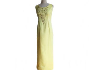 Vintage 70s beaded lemon yellow gown/ pastel yellow maxi dress/ long bridesmaid dress/ pearl trim beaded panel