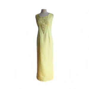 Vintage 70s beaded lemon yellow gown/ pastel yellow maxi dress/ long bridesmaid dress/ pearl trim beaded panel