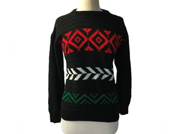 Vintage 60s Nordic Sweater | Black Geometric Stripe Ski Sweater| Fair Isle