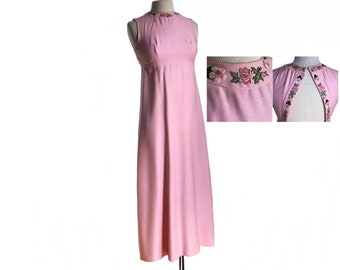 Vintage 60s pink floral maxi dress/ long sleeveless dress/ floral appliques/ open back with floral trim & bow/