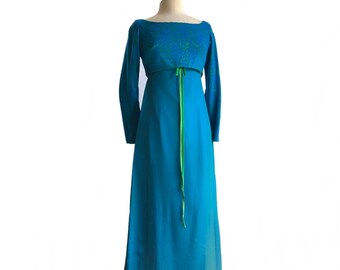 Vintage 60s royal blue and green gown & chenille bolero/ sheer chiffon overlay/ theater costume dress/ As-is/ maxi gown