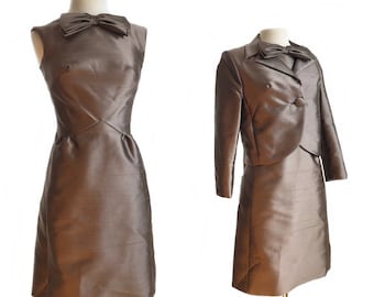 Vintage 60s chocolate brown dress & jacket/ sharkskin shantung dress suit/ mod cocktail dress/ Mardi Gras/ large bow evening suit