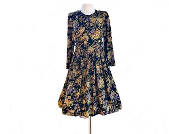 Vintage 80s black floral cotton dress/ European handmade full skirt dress with coral mustard lavender flowers/ polished cotton