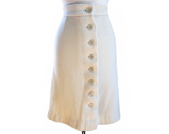 Vintage 60s cream wool skirt/ ivory A-line ribbed skirt/ button down mod skirt
