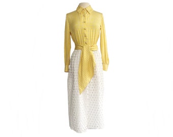 Vintage 60s white eyelet lace and yellow check maxi dress| Chuck Howard Boutique|