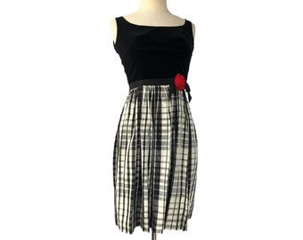 Vintage 60s black party dress| velvet & gingham acetate cocktail dress| Lanz Bonwitt Teller| XXS/ juniors girl dress| red rosette