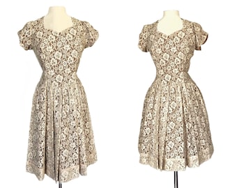 Vintage 1950s floral lace dress| cream champagne overlay with cocoa brown underlayer| 1950s party dress| lace prom dress