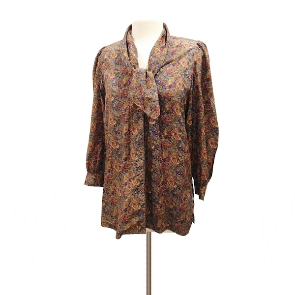 Vintage 80s paisley shirt/ handmade /unique ascot style tie/ rich browns reds blues/ OOAK/ earthy tone shirt