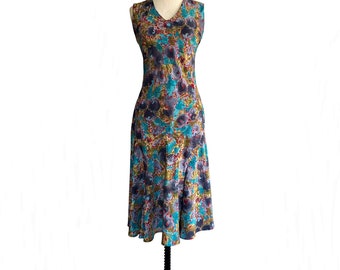 Vintage 80s abstract floral dress in purple blue red and mustard| 30s inspired