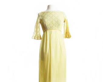 Vintage 60s yellow cocktail dress/ floral lace pastel yellow prom party dress/ train with bow