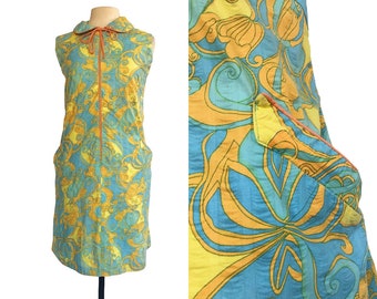 Vintage 60s mod day dress| seafoam blue yellow orange| abstract floral geometric print| Gaymode Pennys loungewear house dress