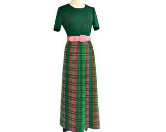 Vintage 60s green pink & orange plaid maxi dress by Leslie Fay Knits| Madras style striped dress| VFG