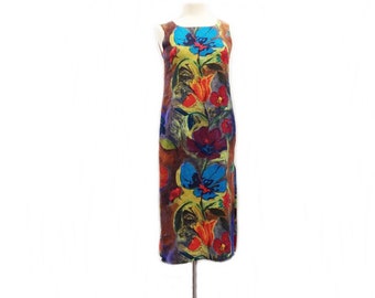 Vintage 80s hand painted dress/ vibrant flower power dress/ turquoise blue red earthy brown & green/ floral shift dress/ European fashion