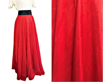 Vintage 60s/ 70s red moiré taffeta long full skirt| flaring cut| bright red cherry circle skirt