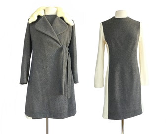 Vintage 60s wool dress & coat set with white mink collar| two tone grey and white dress| possible Lilli Ann