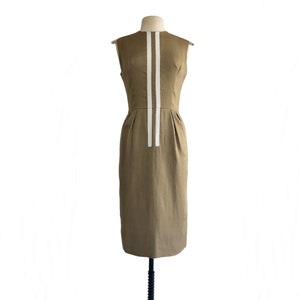 Vintage 60s Café au lait Teal Traina Sheath Dress with White Stripe Detail & Pockets image 1