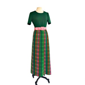 Vintage 60s green pink & orange plaid maxi dress by Leslie Fay Knits Madras style striped dress VFG image 1