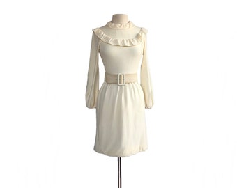 Vintage 1960s Harold Levine winter white ruffle dress/ long sleeve wool crepe ivory day dress/ cream wool dress