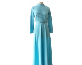 Vintage 70s turquoise blue maxi dress/ NWT NOS/ long sleeve/ aqua dress/ unique nubby bodice/ Trevira/ beaded waist band